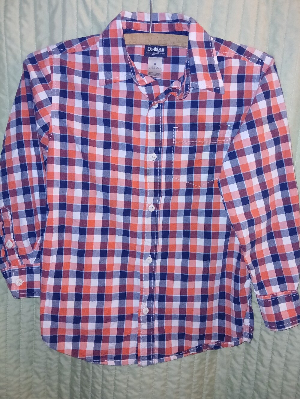 OshKosh Boy' Size 8 Orange,Blue, & White Plaid LS Button-Up Shirt.        FF#491